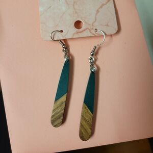 Teal and Wood Dangle Earrings